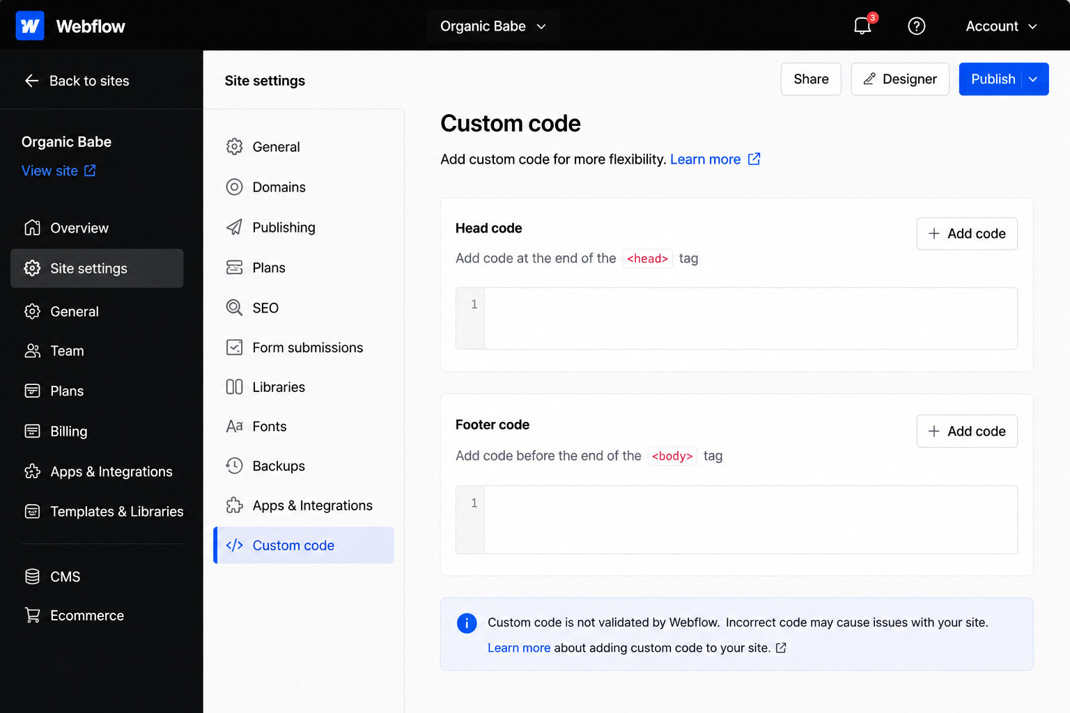 Webflow Site settings Custom code