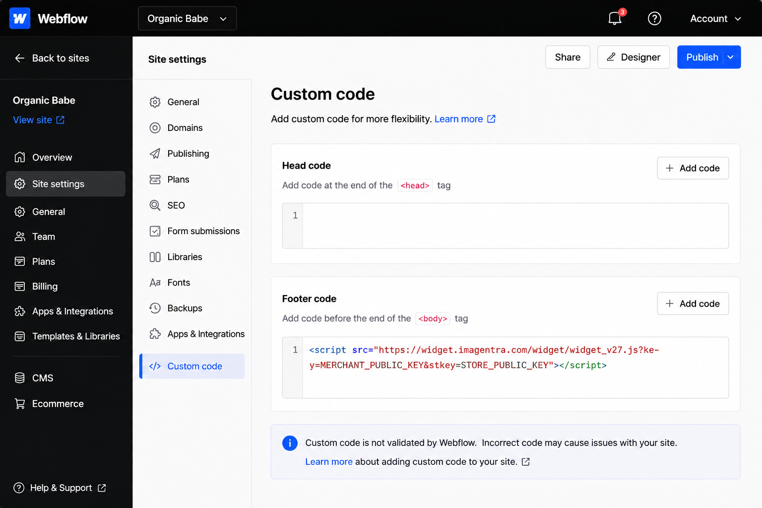 Webflow Footer custom code field